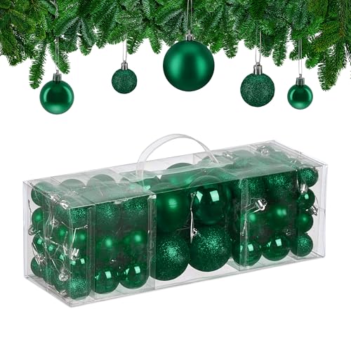 Relaxdays Bolas Árbol Navidad, Set de 76 Unidades, Plástico, Brillantes y Mates, Decoración Navideña, Verde Oscuro
