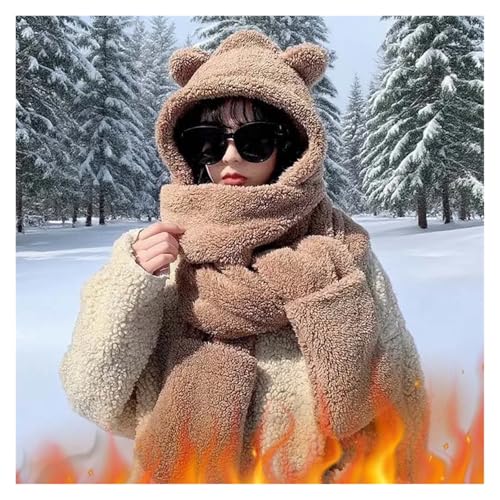 Autumn Winter Bear Hat Scarf and Gloves 3-in-1 Plush Double-Layer Warm Hat Ear Protection Hat for Cold Weather3