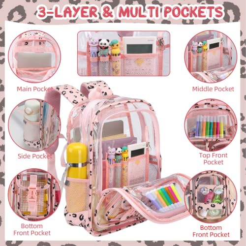 Image of Three-layer Clear Backpack, Heavy Duty Clear Bookbag for Kids, See Through Backpack Transparent Bag for Girls Boys (Pink Leopard)