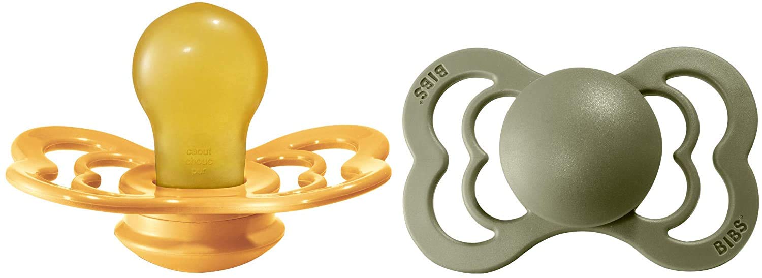 BIBSSupreme Pacifier | Latex Soother 2 Pack | Symmetrical Nipple | BPA Free | Made in Denmark | Natural Rubber Dummy Pacifier | (Honey Bee/Olive, Size 2 (6-18 Months))