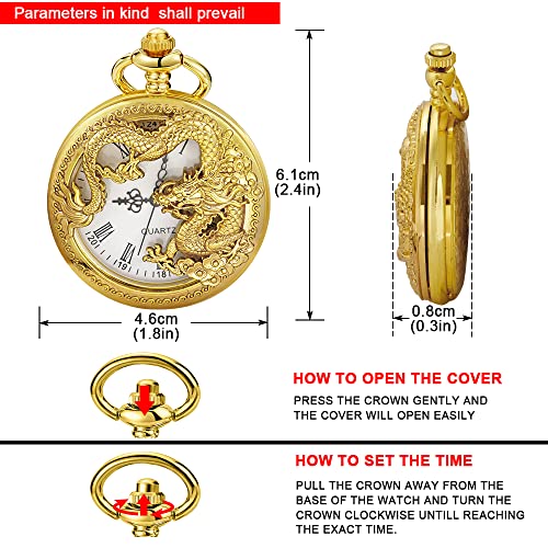 Image of Dragon Design Quartz Pocket Watch Roman Numerals with Chain Birthdays Gifts for Father's Days