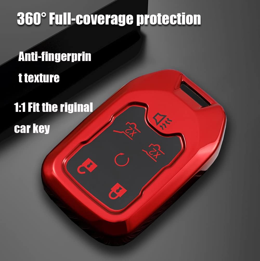 TPU Key Fob Cover for 2018 2019 Chevrolet Suburban Tahoe GMC with Leather Keychains Key Shells Protects Expensive Remotes Keys Fit Original Car Key-Red
