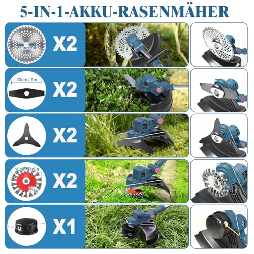 YEXLXLN Rasentrimmer mit Akku, Akku Rasentrimmer für Makita-Akkus mit 5 Klingentypen, 21V Rasentrimmer mit Unkrautbürste, mit 2X4.0Ah Akku Freischneider, Tap&Go M10 x 1,25, für Garden Trimmen