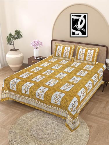 Image of Indian Hand Block Printed 200 TC Cotton Double Bedsheet with 2 Pillow Covers 90 By 100 Inches