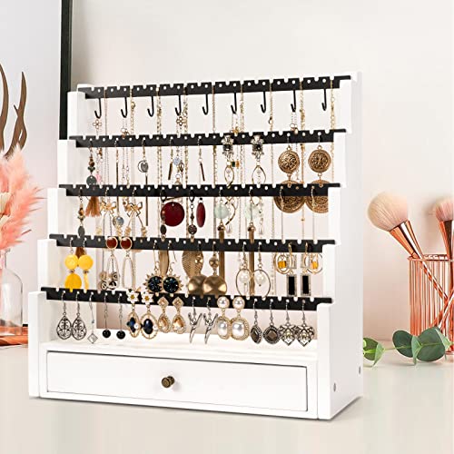 Pinzoveco Earring Organizer, 5 Layer Earring Holder Organizer with Necklace Holder Pole, Rustic Wood Jewelry Organizer Stand Display for Stud Earring Bracelet Necklace Ring, 175 Earring Holes by Pinzoveco - Image 6