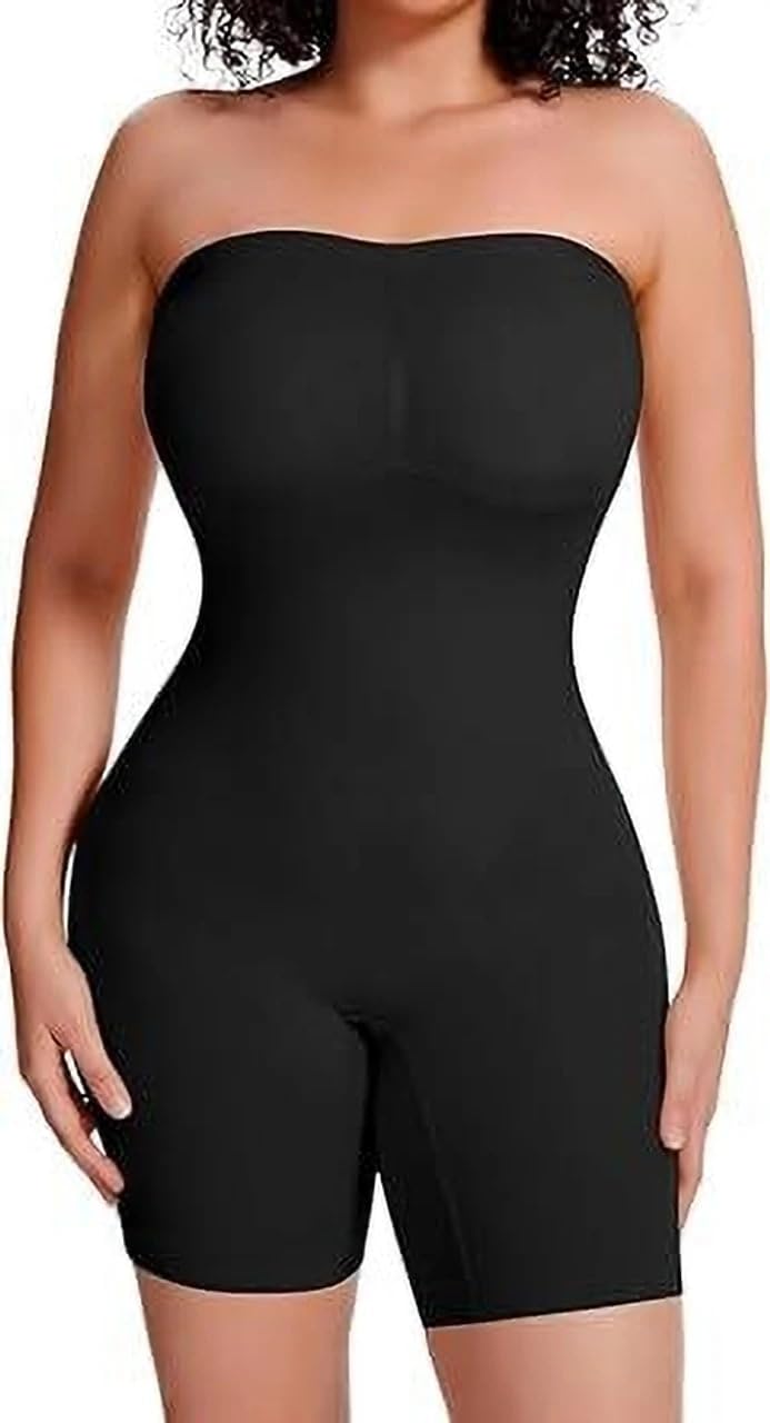 Women's Strapless Bodysuit Shapewear, Black, Mid-Thigh Length, Tummy Control-image-14