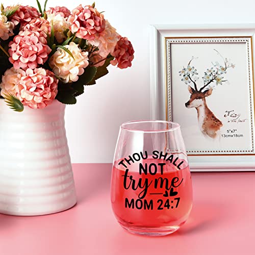 Futtumy Mom Gift, Thou Shall Not Try Me Mom Stemless Wine Glass 15Oz, Funny Wine Glass For Women Mom Mother, Special Wine Gift For Mother’s Day Birthday Christmas #TOP1
