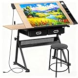 ZENY Adjustable Drafting Table with Stool, Tilting Drawing Desk Artist Table with Storage Drawers, Art Craft Workstation for Home Office Reading, Writing, Crafting (Brown-with Outlet)