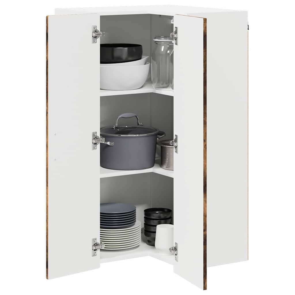 Armario esquinero Porto de madera de roble ahumado, 57 x 57 x 100 cm, 3 estantes, 2 puertas, armario colgante con espacio de almacenamiento para cocina, comedor, salón y pasillo