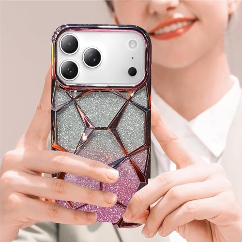 Image of VONZEE Gradient Glitter Back Cover Case Compatible with iPhone 17 Pro, Luxury Electroplated 3D Cube, Diamond Bling Shiny Soft TPU Clear Shockproof Women Girls Protective Phone Cover (Rose Gold)