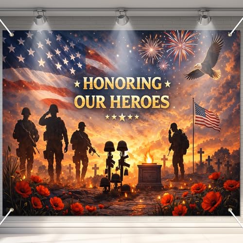 Image of Bliss Yard 4th of July Patriotic Backdrop Banner 8 x 6 Ft American Flag Military Memorial Theme Decorations, Independence Day Party Decor for Veterans Day Memorial Event Indoor Outdoor Supplies