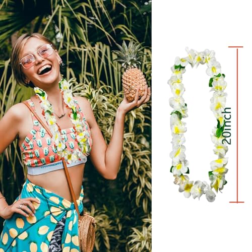 Leis for Luau Party, 48Counts Hawaiian Necklaces for Tropical Bulk Flower Single Color Lei Set, Birthday Beach Party Orange Purple Pink White Accessories for Women Men (48Pieces-White)2