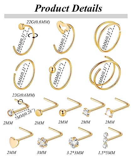 Vegolita 21PCS 22G 316L Stainless Steel Nose Rings Hoop for Women Men Open Hoop Nose Rings CZ L Shaped Nose Studs Nostril Piercing Jewelry G - Thumbnail 2