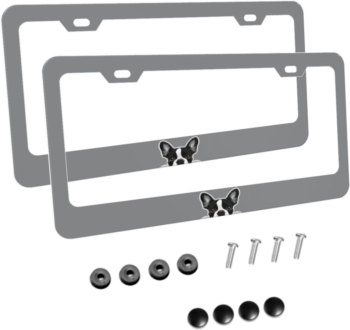 Boston Terrier Puppy Dog Matte Aluminum License Plate Frame with Black Screw Caps，2pcs 2 Holes Black Licenses Plates Frames,Car Licenses Plate Covers Holders for Us Vehicles/Women/Men