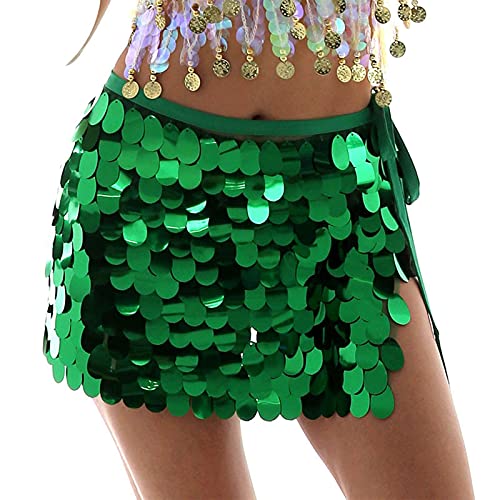 Sttiafay Gonna per danza del ventre sopra il ginocchio, con paillettes, sciarpa per fianchi a forma di sirena e carnevale da donna (verde)