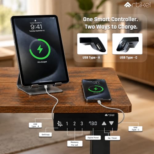 Image of ARTIKEL Artidesk Eco-Neo Height Adjustable Table for Office Work 120x60cm | Electric Standing Desk | Ergonomic Sit Stand Workstation | USB-A & Type-C Charging | 3 Memory Presets | 80kg Load Capacity