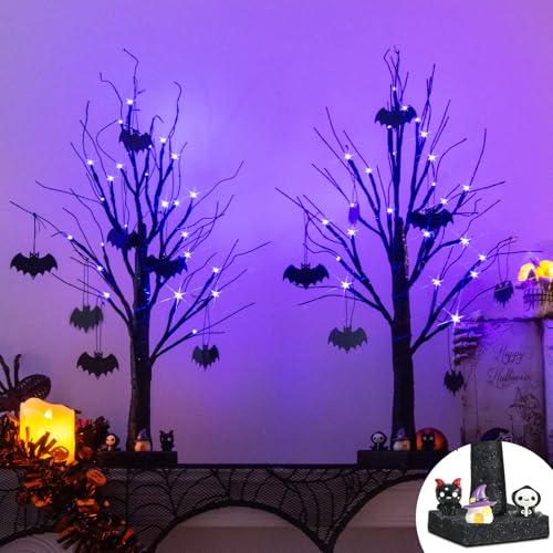 Vanthylit 2 Pack Halloween Tree, 2FT Spooky Black Tree Battery Operated with 24 Purple Lights and 8 Bats, Halloween Decorations Indoor Table Centerpiece with Timer for Mantel Office Haliday Decor