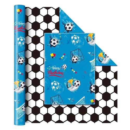 WERNNSAI Papier Cadeau Football - 1 Rouleau Papier d'Emballage Bleu pour Anniversaire Football Papier d'Emballage Sport Réversible pour Fête d'Anniversaire...