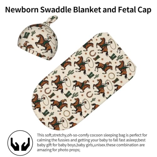 Image of Lcokin Western Cowboy Baby Stuff Swaddle Blanket with Hat, Newborn Receiving Blanket