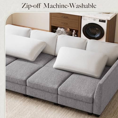 Image of Belffin Modular Cloud Sleeper Sofa Bed with Deep Seat Cloud Sectional Couches for Living Room. Light Grey Couch