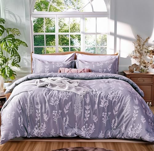 Kozyhvn Floral Comforter Set Full Lavender, Cute Flower Bed in a Bag Full Boho 7 Pieces, Soft Fluffy Bedding Sets with Comforter, Sheets, Pillowcases & Shams, All Season, Purple