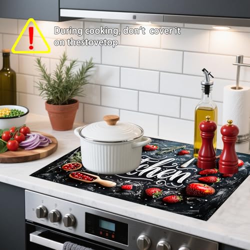 Image of Nuxovilar Stove Top Cover for Electric Stove, 20x28 Inch Polyester Glass Cooktop Protector with Chalkboard Style Strawberry Kitchen Utensil Design,for Kitchen Decor