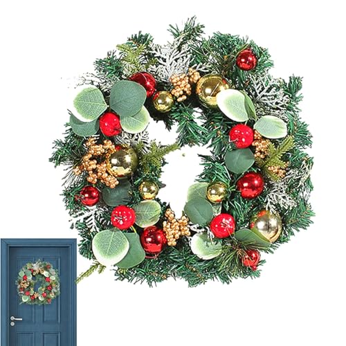 Coronas navideñas para Puerta de Entrada - Decoraciones navideñas de Corona Artificial con Frutos Rojos - Coronas Decorativas con Bolas para Exterior, Interior, Porche, Ventana