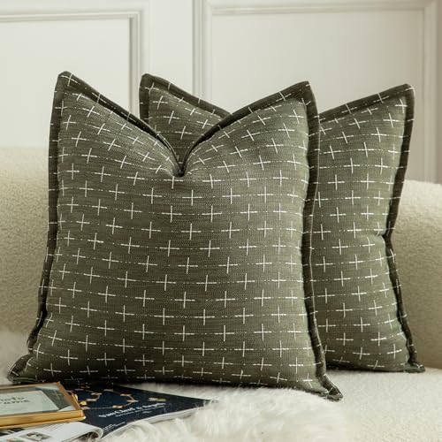 Mandioo Pack of 2 Burlap Linen Cushion Covers Woven Textured Modern Farmhouse Throw Pillow Cases Decorative Couch Sofa Bed Living Room 18 x 18 Inch 45x45 cm Olive Green