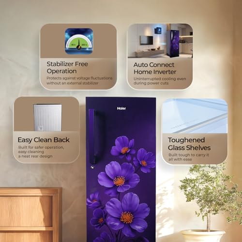 Image of Haier 215 L 5 Star Direct Cool Inverter Single Door Refrigerator with Fast Ice Making, Easy Clean Back, Large Vegetable Box (HED-225PXBA-P, Purple Xsenia, Base Stand Drawer, 2026 Model)