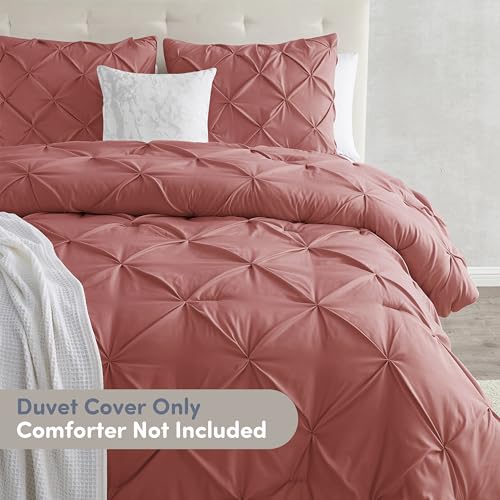 Image of Nestl Pink Clay Duvet Cover Full Size - Soft Double Brushed Duvet Set with Button Closure & Corner Ties, 3 Piece Luxurious Pinch Pleated Duvet Cover Set 80x90 Inches with 2 Pillow Shams