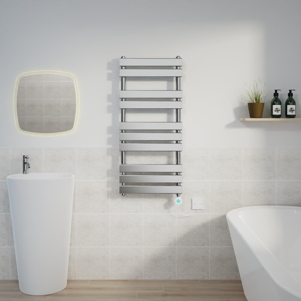 Warmehaus 1000x450mm Chrome Designer Flat Panel Electric Heated Towel Rail Thermostatic Timer Bathroom Towel Radiator 600W