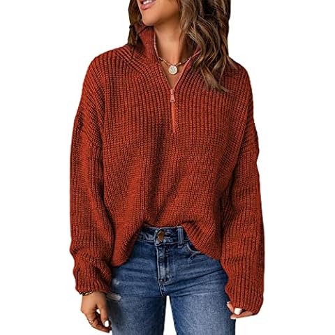 Addkaka Women's Basic Pullover Winter Quarter Zip V Neck Pullover Sweater Trendy Long Sleeve Sweater Red Large Cover