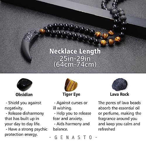 Wolf Tooth Necklace Black Obsidian Stone Beads and Tiger Eye Necklace and Tiger Eye Natural Stone Crystal Healing Prayer Necklace for Men Women3