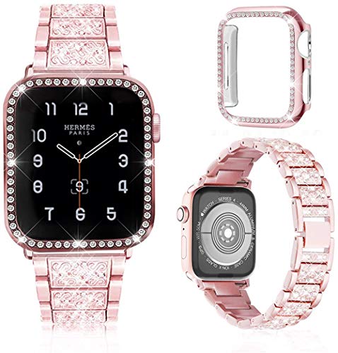 Meyicoo Compatible For Apple Watch Band 38mm 40mm 42mm 44mm with Rhinestone Protective Cover, Women Jewelry Bling Diamond Metal Strap & Soft PC Bumper Protective Case For iWatch Series 5/4/3/2/1 (Rose Pink, 42mm)