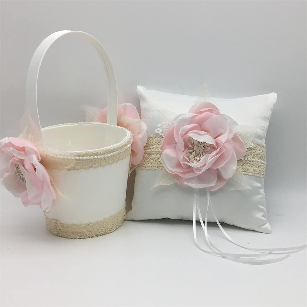 Rustic Burlap Lace Flower Girl Basket Lace Pearls Flowers Bearer Pillow Set Decorate