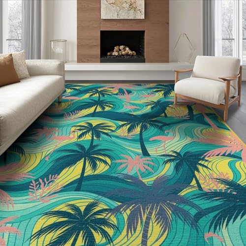 ODIKA 6'x9' Washable Bohemian Bird Area Rug, Teal Foldable Non-Slip Large Carpet Foldable Easy Care Carpet for Queen Size Bedroom, Under Bed, Master Bedroom | Ref:1993005
