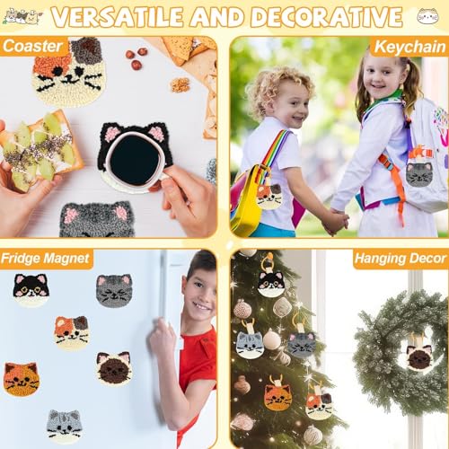 Image of Justforjoyful 6 Set Punch Needle Embroidery Coasters Craft Kits Punch Needle Refrigerator Magnets Kit Tool Threader Fabric for Christmas Winter Beginners Adults Kids DIY Handmade Gifts Party(Cat)