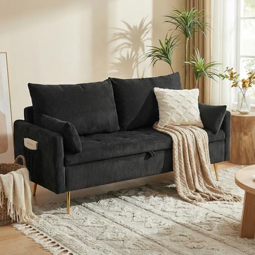 Furnimart 2-Seater Storage Loveseat for Small Spaces, 62“ Corduroy Couch with Removable Cushion Cover and Metal Leg for Bedroom, Apartment, Tiny Homes and Lofts, Black