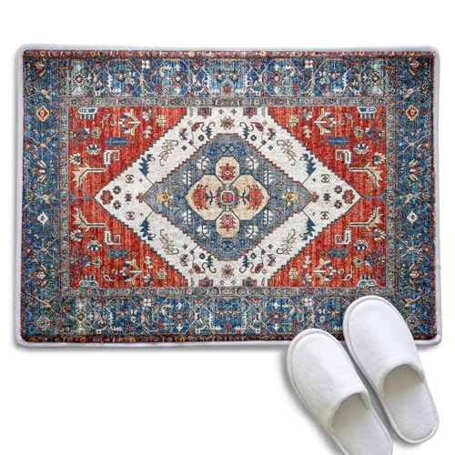 Cz tulip Blue Vintage Persian Pattern Bath Mat,Boho Oriental Floral Kitchen mat,Retro Oriental Floral Decoration Mat Rug for Dressing Table Bathroom Shower Tub Kitchen Entry Door,24x16Inch