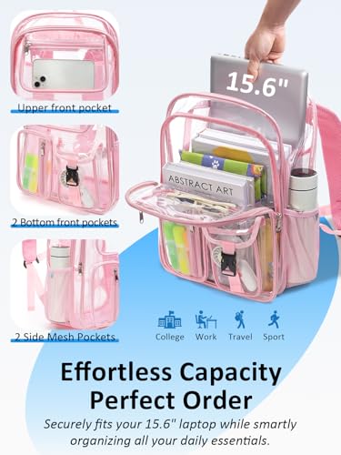 Image of Double-Layer Clear Backpack Heavy Duty, 17 Inch Large Clear Bookbag, Transparent See Through Backpack For School, Work, College, Travel, Sport- Pink