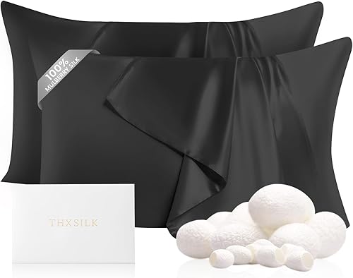 Miniatura 52 de THXSILK Funda de almohada de seda natural de 22 momme 100% seda de morera para cabello y piel, tamaño estándar 20"x26", funda de almohada de seda