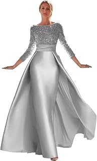 Sequin Satin Prom Dress Long Sleeve Ball Gowns Boat Neck Mermaid Formal Evening Gown for Women with Skirt