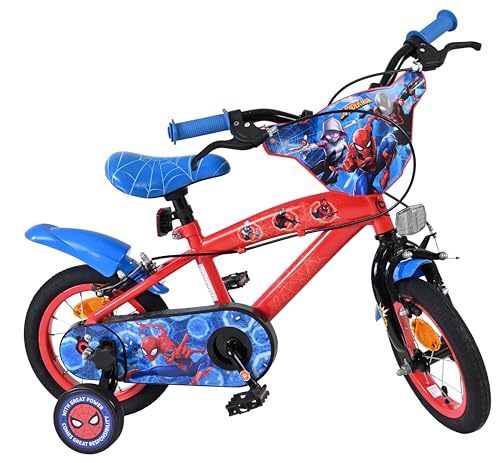 Volare Marvel Spider-Man Kids Bike | Ages 3-5 | 12 Inch Wheel | 2 Handbrakes (Front & Back Wheel) Removable Stabilisers Chain Guard & Pedal Reflectors | Adjustable Saddle Height | Girls & Boys Gift