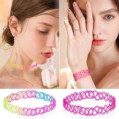 shynek 20er-Pack Tattoo-Halsketten-Set für Mädchen, modisches Stretch-Spitzen-Halsband, Gothic-Elastik-Kragen-Schmuck-Set für Frauen, Teenager-Mädchen
