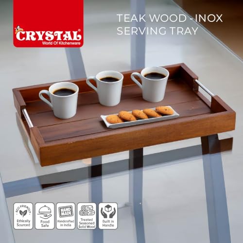 Image of Crystal Teak Wood INOX Rectangular Serving Tray | for Home, Kitchen, Restaurant, Office Organizer, Dining Table | Premium Wooden Trays | Small - 28 X 15 X 4.5 Cm | Handcrafted in India