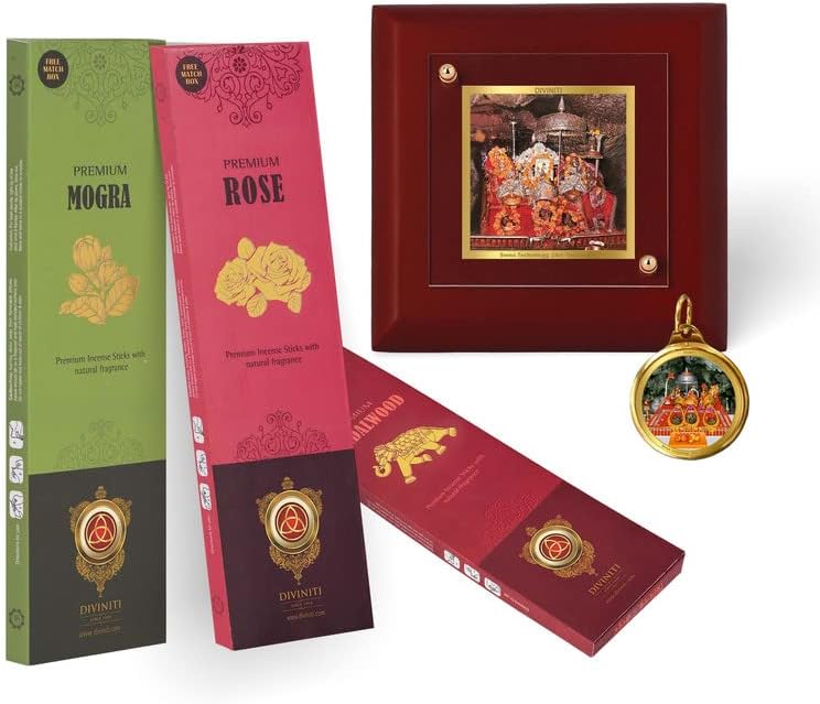 Mata Ka Darbar MDF 1A Gold Plated Photo Frame, 24K Double sided Gold Plated Pendant 18 MM and 3 Pcs Incense Sticks For Navratri Festival Prayer & Auspicious Occasion (Combo Pack)