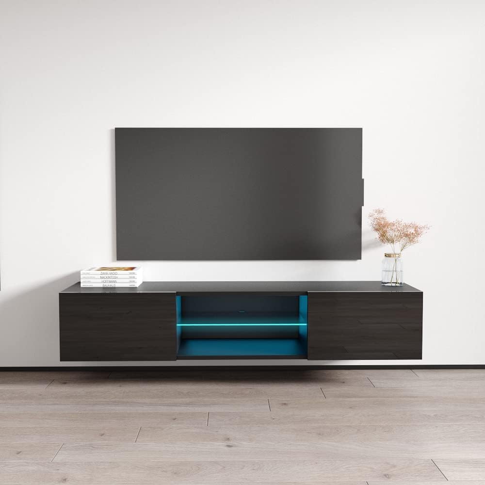 Meble Furniture Fly Type-33 Floating TV Stand — Modern High Gloss Storage Cabinets — 63 Inches — Black