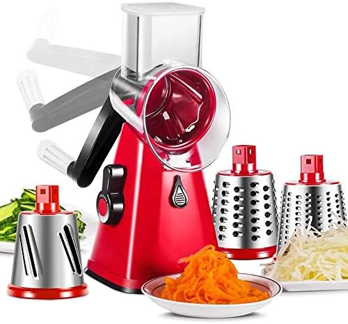 ROTARY CHEESE GRATER, SLICER ROUND MANDOLINE MIXER WITH 3 DRUM STAINLESS STEEL BLADES VEGETABLE, FRUIT, NUTS HAND-HELD CHOPPER KITCHEN GADGETS WITH SUCTION CUP BASE