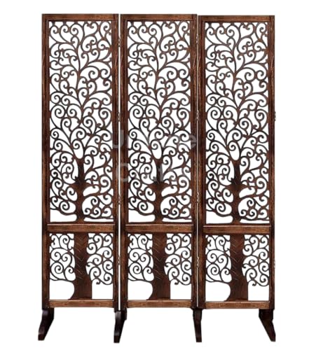 Image of Wooden Room Partition /Screen /Room Divider /Room Separator Traditional Handicrafts 6Ft (Dark Brown) (Tree 3 Panel with Stands)