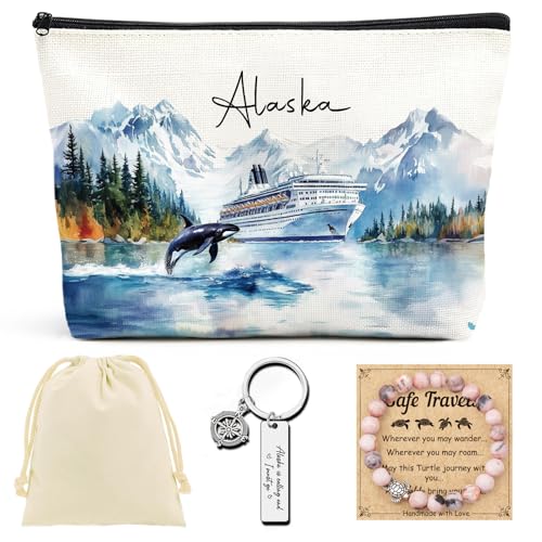VeloKomo Alaska Souvenirs Gifts Set - 3 Pcs Alaskan Cruise Essentials Set With Watercolor Makeup Bag Bracelet Keychain Travel Accessories Christmas Birthday Gift for Women Girls Mom Daughter Friend